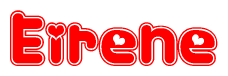 The image is a clipart featuring the word Eirene written in a stylized font with a heart shape replacing inserted into the center of each letter. The color scheme of the text and hearts is red with a light outline.