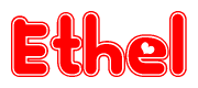 The image is a clipart featuring the word Ethel written in a stylized font with a heart shape replacing inserted into the center of each letter. The color scheme of the text and hearts is red with a light outline.