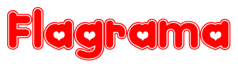 The image is a red and white graphic with the word Flagrama written in a decorative script. Each letter in  is contained within its own outlined bubble-like shape. Inside each letter, there is a white heart symbol.