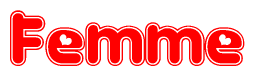 The image is a clipart featuring the word Femme written in a stylized font with a heart shape replacing inserted into the center of each letter. The color scheme of the text and hearts is red with a light outline.