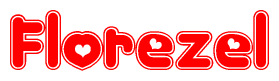 The image is a red and white graphic with the word Florezel written in a decorative script. Each letter in  is contained within its own outlined bubble-like shape. Inside each letter, there is a white heart symbol.
