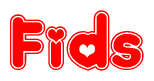 The image is a red and white graphic with the word Fids written in a decorative script. Each letter in  is contained within its own outlined bubble-like shape. Inside each letter, there is a white heart symbol.