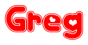 The image is a red and white graphic with the word Greg written in a decorative script. Each letter in  is contained within its own outlined bubble-like shape. Inside each letter, there is a white heart symbol.