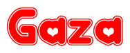The image displays the word Gaza written in a stylized red font with hearts inside the letters.