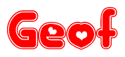 The image is a clipart featuring the word Geof written in a stylized font with a heart shape replacing inserted into the center of each letter. The color scheme of the text and hearts is red with a light outline.