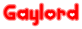 The image is a red and white graphic with the word Gaylord written in a decorative script. Each letter in  is contained within its own outlined bubble-like shape. Inside each letter, there is a white heart symbol.