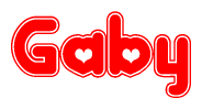 The image is a red and white graphic with the word Gaby written in a decorative script. Each letter in  is contained within its own outlined bubble-like shape. Inside each letter, there is a white heart symbol.
