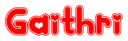 The image displays the word Gaithri written in a stylized red font with hearts inside the letters.