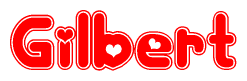 The image is a clipart featuring the word Gilbert written in a stylized font with a heart shape replacing inserted into the center of each letter. The color scheme of the text and hearts is red with a light outline.