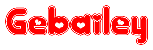 The image is a red and white graphic with the word Gebailey written in a decorative script. Each letter in  is contained within its own outlined bubble-like shape. Inside each letter, there is a white heart symbol.