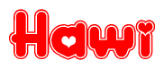 The image is a clipart featuring the word Hawi written in a stylized font with a heart shape replacing inserted into the center of each letter. The color scheme of the text and hearts is red with a light outline.