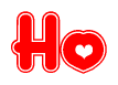 The image is a red and white graphic with the word Ho written in a decorative script. Each letter in  is contained within its own outlined bubble-like shape. Inside each letter, there is a white heart symbol.