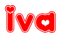 The image is a clipart featuring the word Iva written in a stylized font with a heart shape replacing inserted into the center of each letter. The color scheme of the text and hearts is red with a light outline.