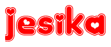 The image is a red and white graphic with the word Jesika written in a decorative script. Each letter in  is contained within its own outlined bubble-like shape. Inside each letter, there is a white heart symbol.