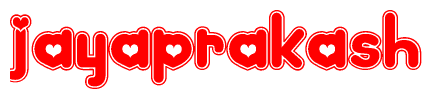 The image is a red and white graphic with the word Jayaprakash written in a decorative script. Each letter in  is contained within its own outlined bubble-like shape. Inside each letter, there is a white heart symbol.