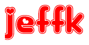 The image is a clipart featuring the word Jeffk written in a stylized font with a heart shape replacing inserted into the center of each letter. The color scheme of the text and hearts is red with a light outline.
