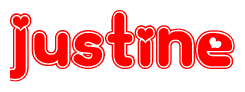 The image is a red and white graphic with the word Justine written in a decorative script. Each letter in  is contained within its own outlined bubble-like shape. Inside each letter, there is a white heart symbol.