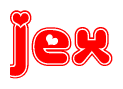The image displays the word Jex written in a stylized red font with hearts inside the letters.