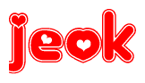 The image is a red and white graphic with the word Jeok written in a decorative script. Each letter in  is contained within its own outlined bubble-like shape. Inside each letter, there is a white heart symbol.