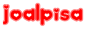 The image is a red and white graphic with the word Joalpisa written in a decorative script. Each letter in  is contained within its own outlined bubble-like shape. Inside each letter, there is a white heart symbol.