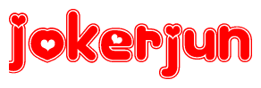 The image is a red and white graphic with the word Jokerjun written in a decorative script. Each letter in  is contained within its own outlined bubble-like shape. Inside each letter, there is a white heart symbol.