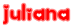 The image is a red and white graphic with the word Juliana written in a decorative script. Each letter in  is contained within its own outlined bubble-like shape. Inside each letter, there is a white heart symbol.
