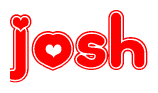 The image is a red and white graphic with the word Josh written in a decorative script. Each letter in  is contained within its own outlined bubble-like shape. Inside each letter, there is a white heart symbol.