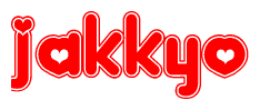 The image is a red and white graphic with the word Jakkyo written in a decorative script. Each letter in  is contained within its own outlined bubble-like shape. Inside each letter, there is a white heart symbol.