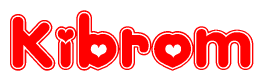 The image is a red and white graphic with the word Kibrom written in a decorative script. Each letter in  is contained within its own outlined bubble-like shape. Inside each letter, there is a white heart symbol.