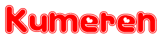The image is a red and white graphic with the word Kumeren written in a decorative script. Each letter in  is contained within its own outlined bubble-like shape. Inside each letter, there is a white heart symbol.