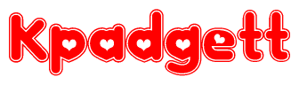 The image is a clipart featuring the word Kpadgett written in a stylized font with a heart shape replacing inserted into the center of each letter. The color scheme of the text and hearts is red with a light outline.