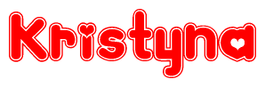 The image is a red and white graphic with the word Kristyna written in a decorative script. Each letter in  is contained within its own outlined bubble-like shape. Inside each letter, there is a white heart symbol.