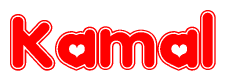 The image is a red and white graphic with the word Kamal written in a decorative script. Each letter in  is contained within its own outlined bubble-like shape. Inside each letter, there is a white heart symbol.