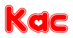 The image is a clipart featuring the word Kac written in a stylized font with a heart shape replacing inserted into the center of each letter. The color scheme of the text and hearts is red with a light outline.