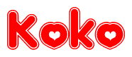 The image is a red and white graphic with the word Koko written in a decorative script. Each letter in  is contained within its own outlined bubble-like shape. Inside each letter, there is a white heart symbol.