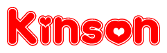 The image is a red and white graphic with the word Kinson written in a decorative script. Each letter in  is contained within its own outlined bubble-like shape. Inside each letter, there is a white heart symbol.
