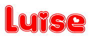 The image is a red and white graphic with the word Luise written in a decorative script. Each letter in  is contained within its own outlined bubble-like shape. Inside each letter, there is a white heart symbol.