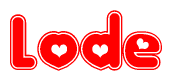 The image is a clipart featuring the word Lode written in a stylized font with a heart shape replacing inserted into the center of each letter. The color scheme of the text and hearts is red with a light outline.