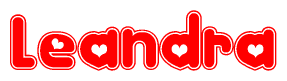 The image is a clipart featuring the word Leandra written in a stylized font with a heart shape replacing inserted into the center of each letter. The color scheme of the text and hearts is red with a light outline.