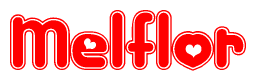 The image displays the word Melflor written in a stylized red font with hearts inside the letters.