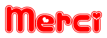 The image is a clipart featuring the word Merci written in a stylized font with a heart shape replacing inserted into the center of each letter. The color scheme of the text and hearts is red with a light outline.