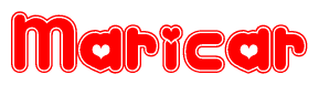 The image is a red and white graphic with the word Maricar written in a decorative script. Each letter in  is contained within its own outlined bubble-like shape. Inside each letter, there is a white heart symbol.
