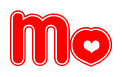 The image is a red and white graphic with the word Mo written in a decorative script. Each letter in  is contained within its own outlined bubble-like shape. Inside each letter, there is a white heart symbol.