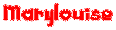 The image is a red and white graphic with the word Marylouise written in a decorative script. Each letter in  is contained within its own outlined bubble-like shape. Inside each letter, there is a white heart symbol.