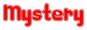 The image is a clipart featuring the word Mystery written in a stylized font with a heart shape replacing inserted into the center of each letter. The color scheme of the text and hearts is red with a light outline.