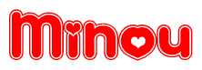 The image displays the word Minou written in a stylized red font with hearts inside the letters.
