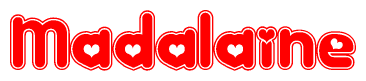 The image is a clipart featuring the word Madalaine written in a stylized font with a heart shape replacing inserted into the center of each letter. The color scheme of the text and hearts is red with a light outline.
