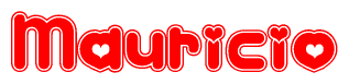 The image is a red and white graphic with the word Mauricio written in a decorative script. Each letter in  is contained within its own outlined bubble-like shape. Inside each letter, there is a white heart symbol.