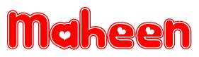 The image is a clipart featuring the word Maheen written in a stylized font with a heart shape replacing inserted into the center of each letter. The color scheme of the text and hearts is red with a light outline.