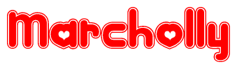 The image is a red and white graphic with the word Marcholly written in a decorative script. Each letter in  is contained within its own outlined bubble-like shape. Inside each letter, there is a white heart symbol.